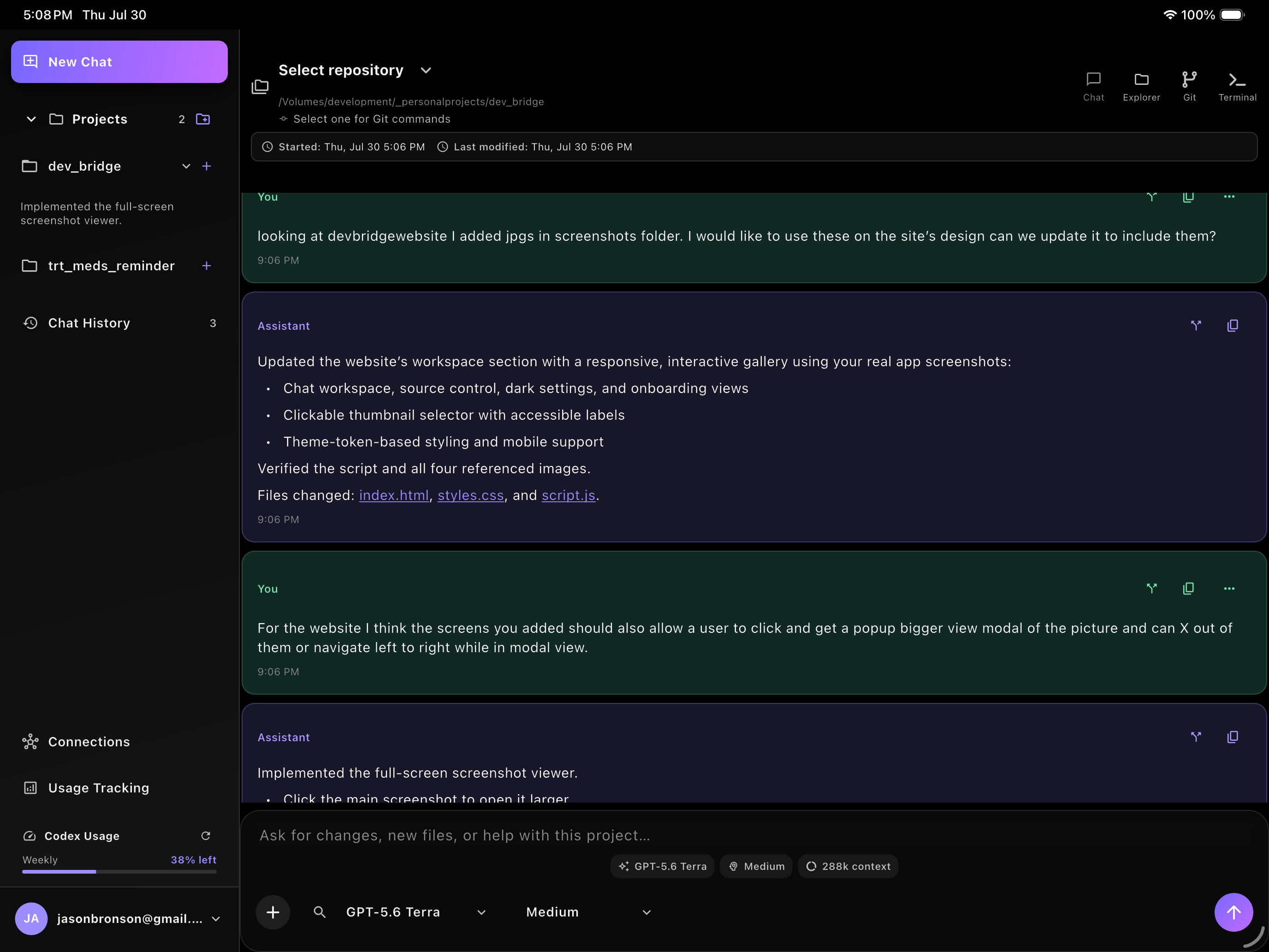 DevBridge project chat showing a conversation with an AI coding agent