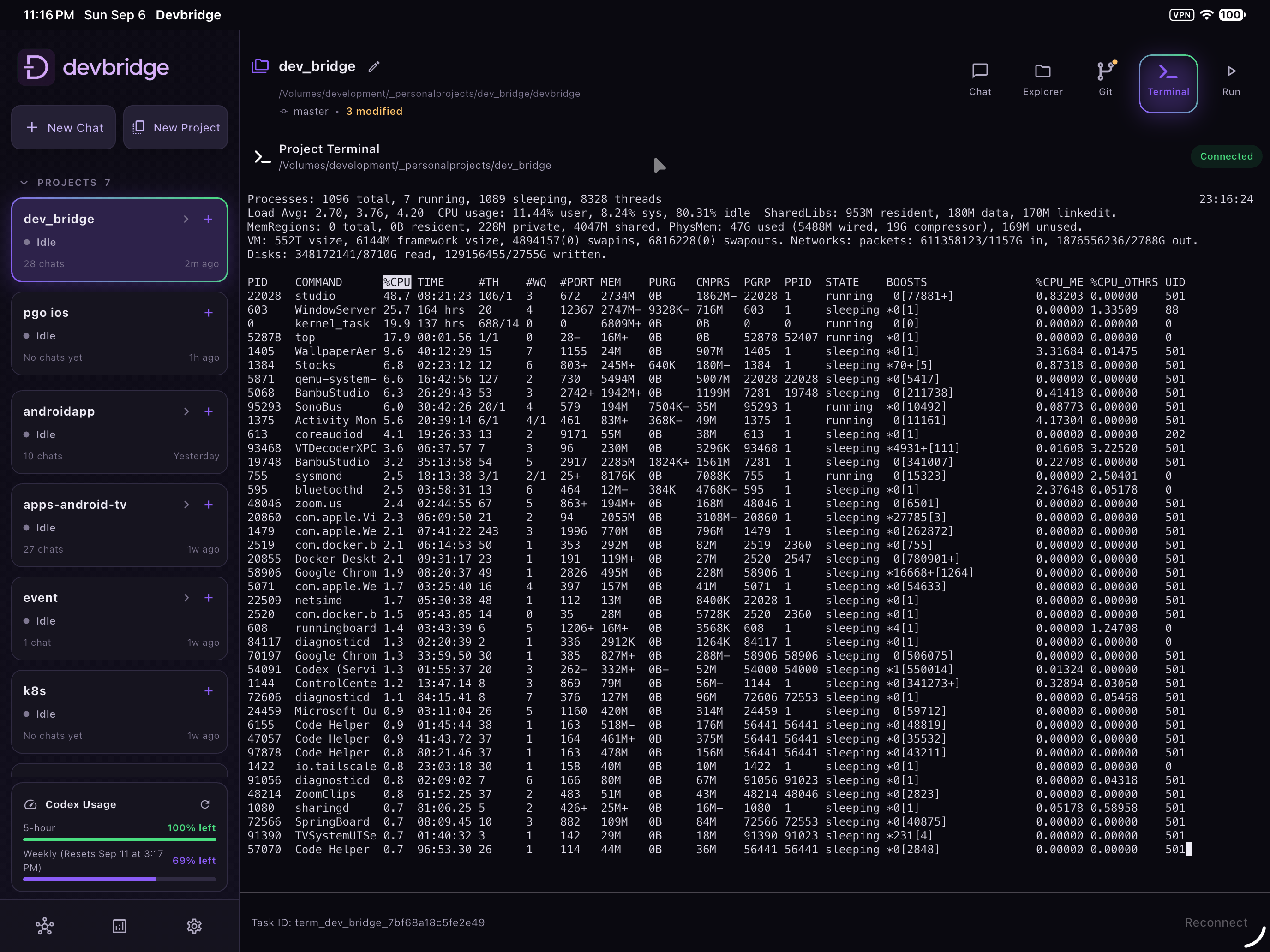 Integrated terminal connected to a DevBridge project