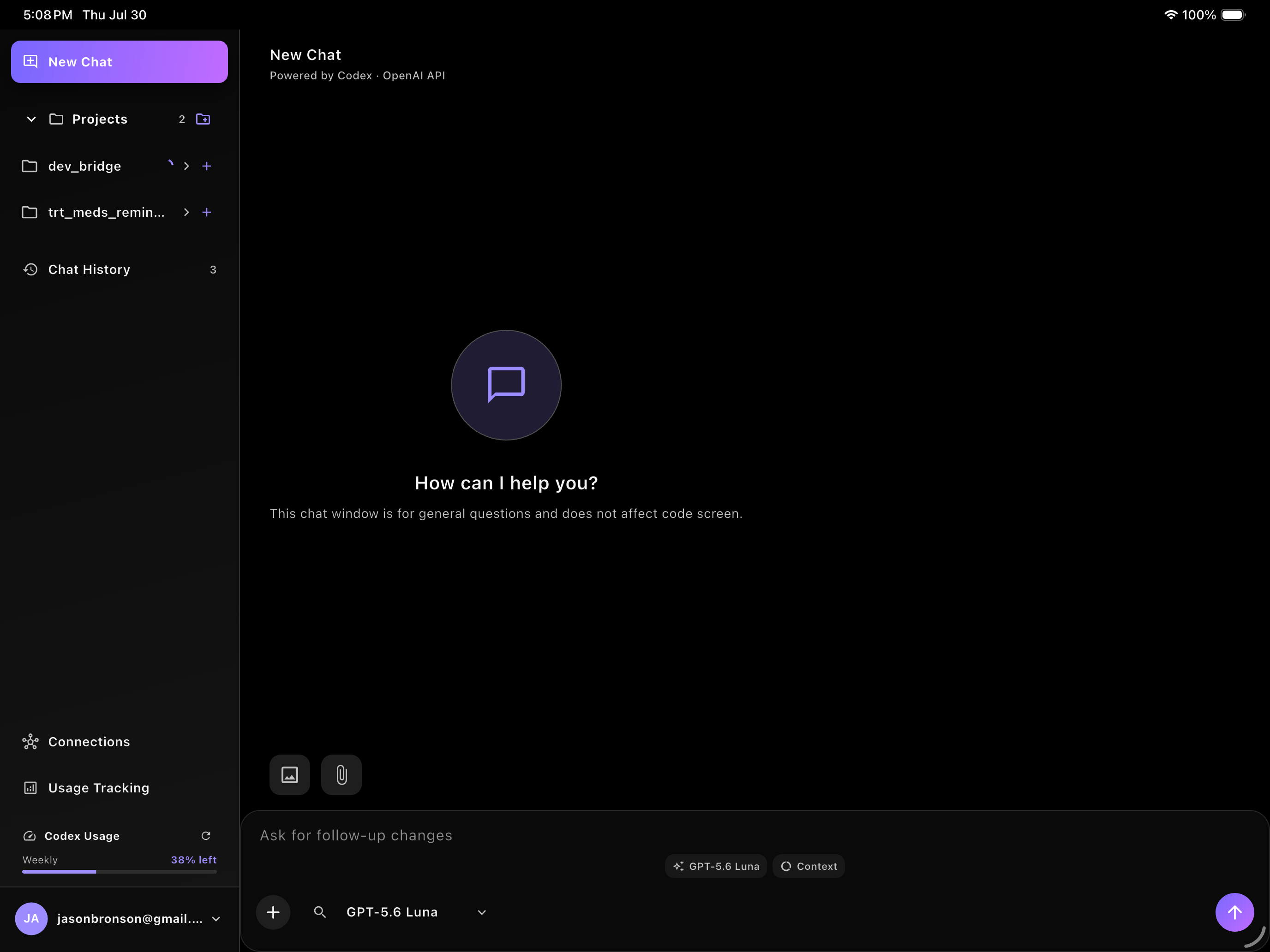 DevBridge new chat workspace on iPad, with projects and chat history in the sidebar